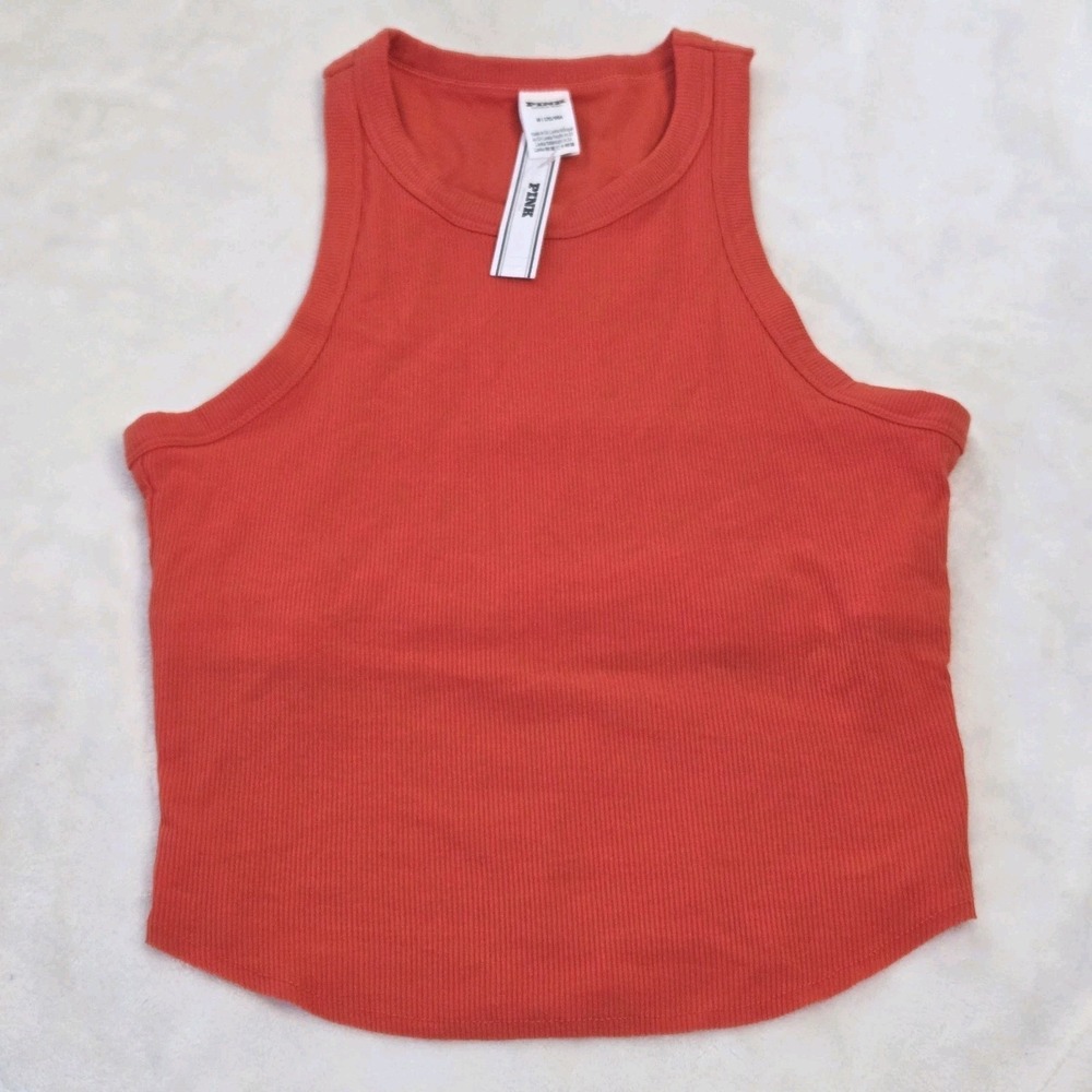 PINK Victoria Secret Ribbed Tank Top M High Neck Orange Built-in Bra Activewear